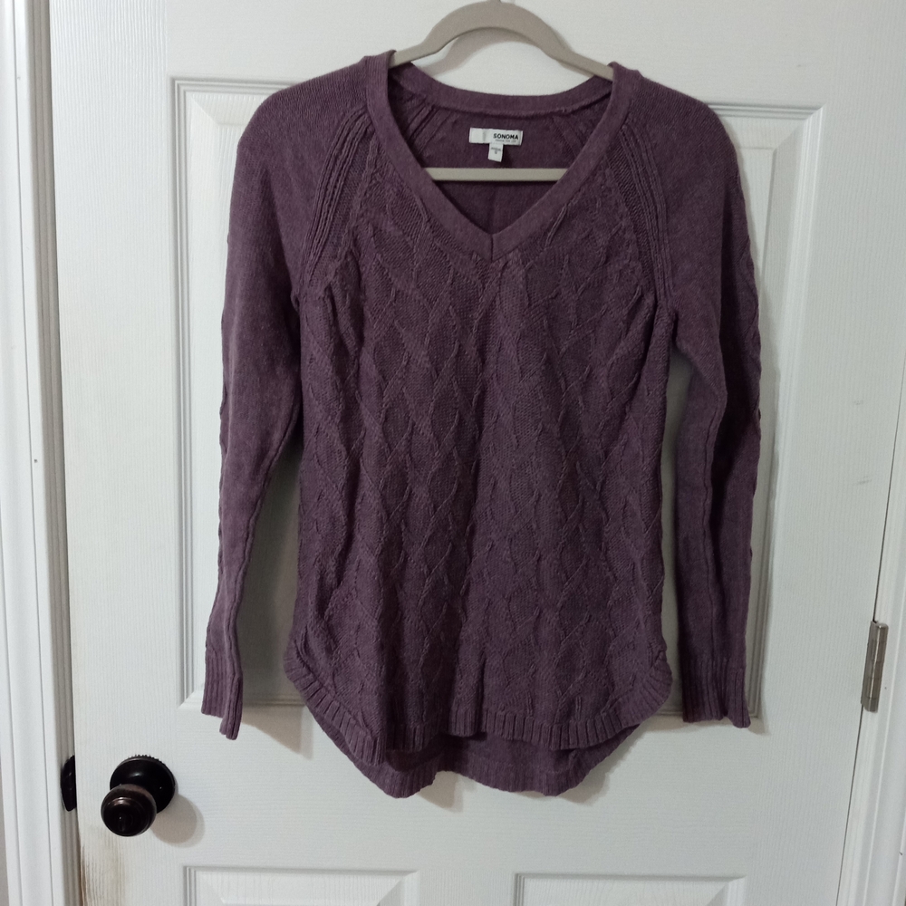 Purple Cable Knit V-Neck Sweater